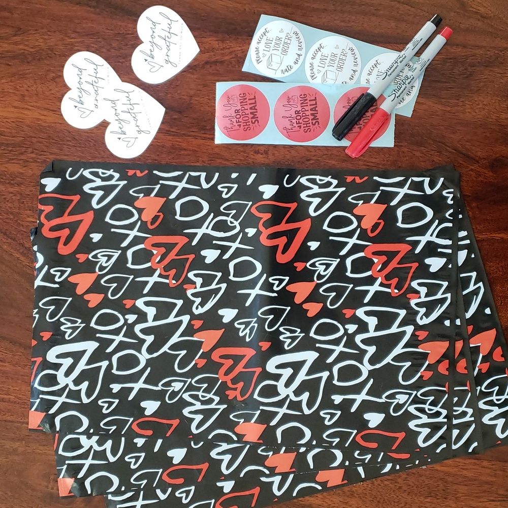 40 Piece Shipping Bundle Polymailers Cards Stickers Red Black Hearts